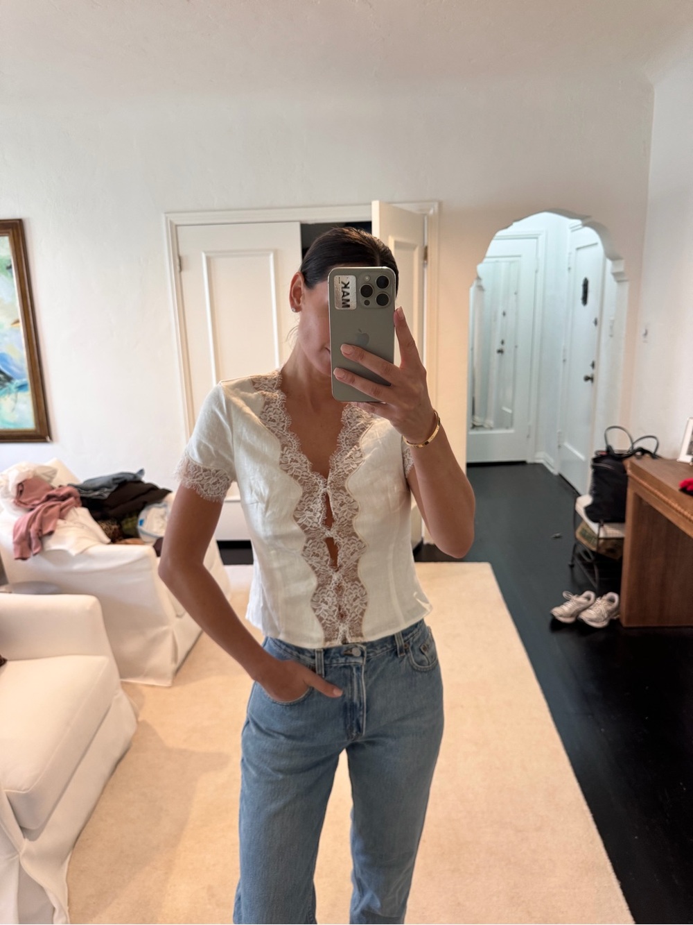 Reformation White Lace Linen Top
